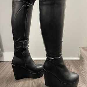 Black Wedge Knee-High Boots